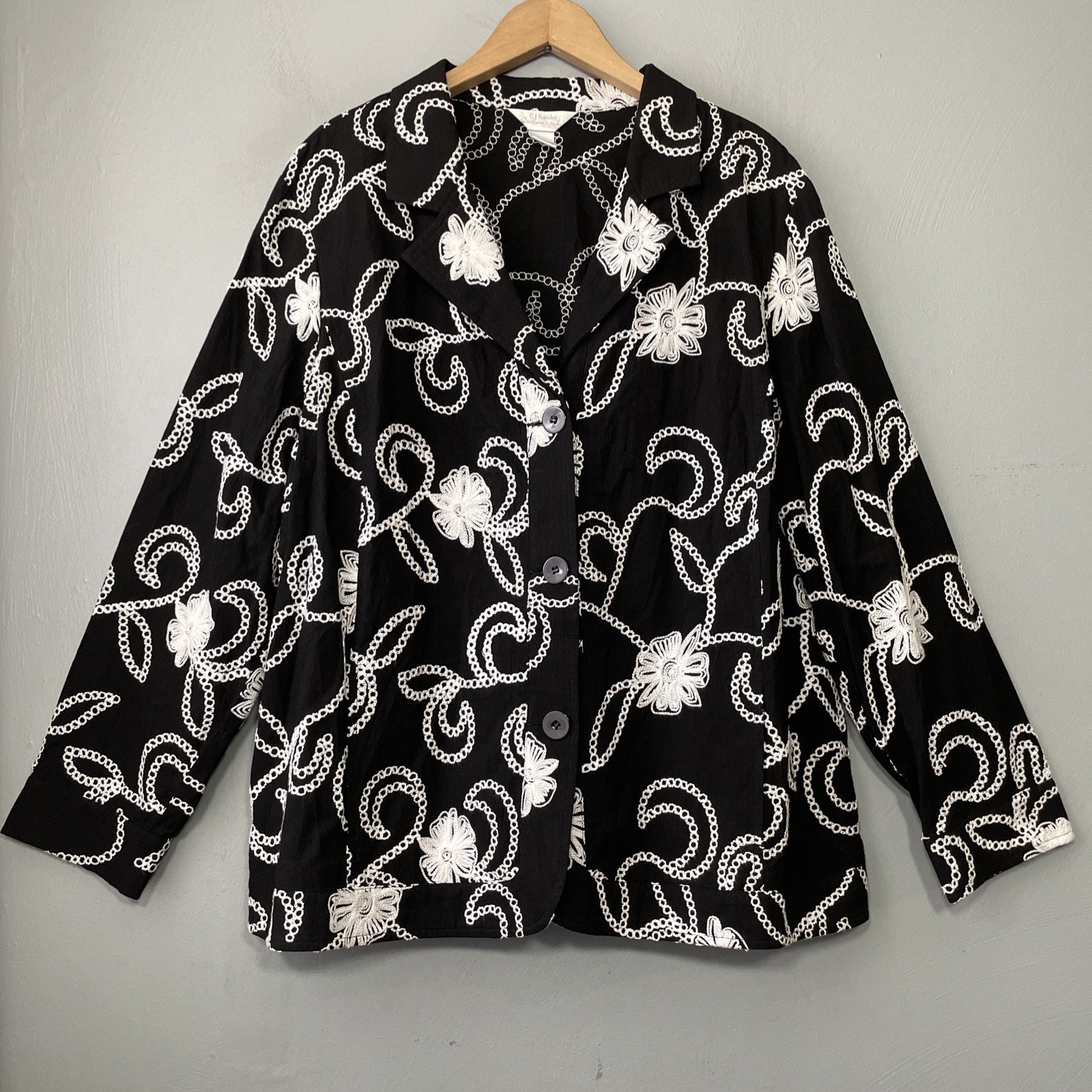 Cj Banks Blazer Plus Size 1x Black White Embroidered Shirt Jacket Preppy Chic